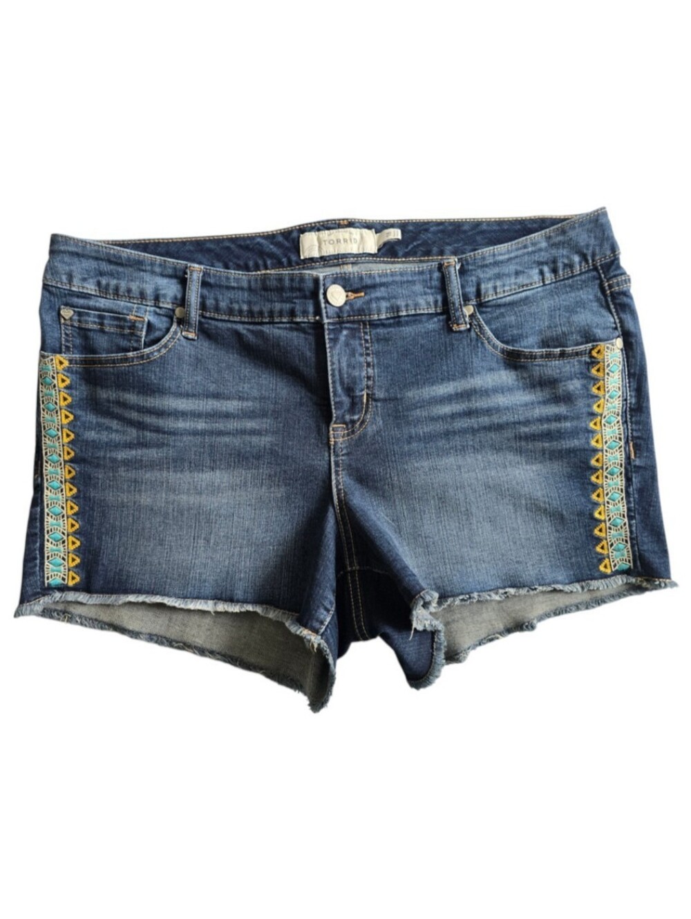 Torrid Stylish blue denim shorts with decorative side embroidery Plus Size 16